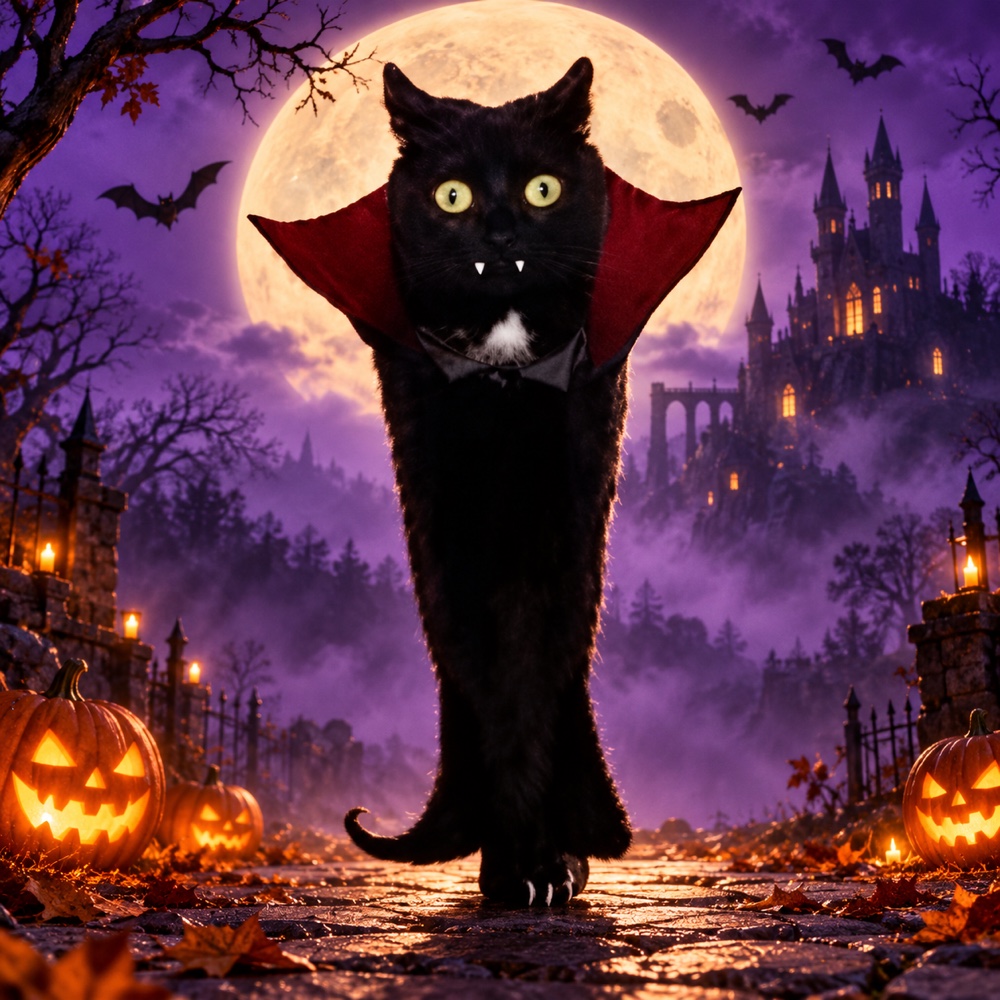 A wide-eyed black cat with tiny vampire fangs and a red Dracula collar, beneath a full moon in a purple Halloween night.